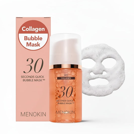 Menokin Collagen Bubble Mask with packaging and mask sheet on a white background