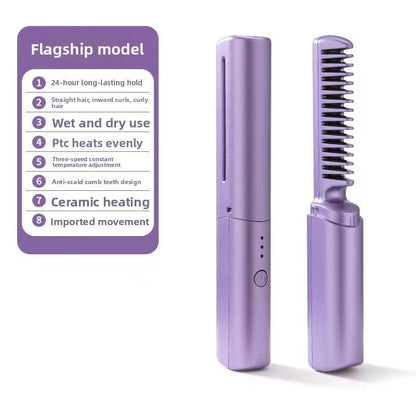 2-in-1 Cordless Hair Straightener Comb & Curler - Portable Rechargeable Electric Hot Comb for Straightening & Curling