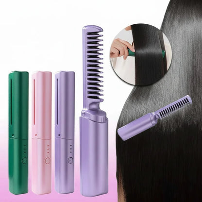 Wireless hair hot comb with three color options and a close-up of using it on hair.