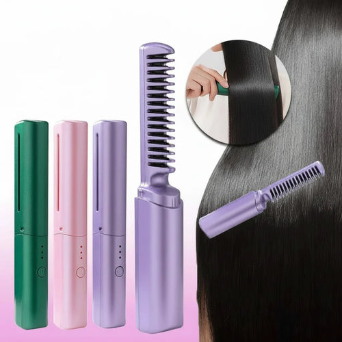 Wireless hair hot comb with three color options and a close-up of using it on hair.