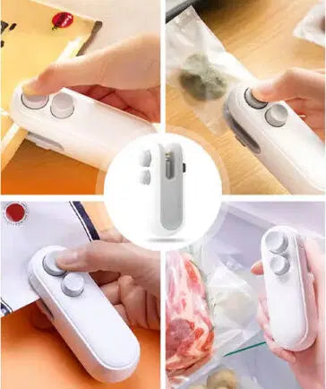 Collage of a hand using a white kitchen tool on various food items.