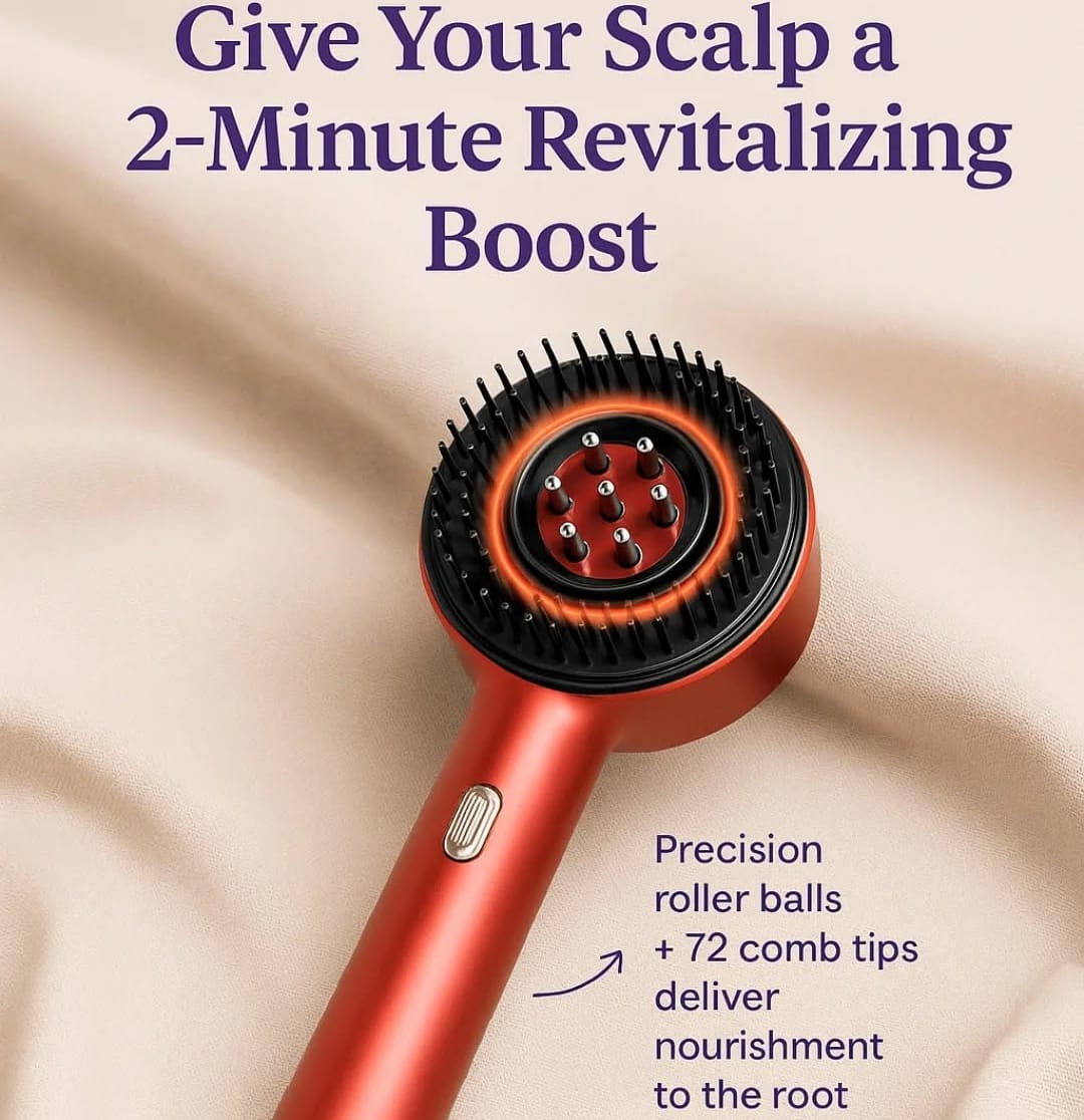 Red scalp massager with text on a beige background