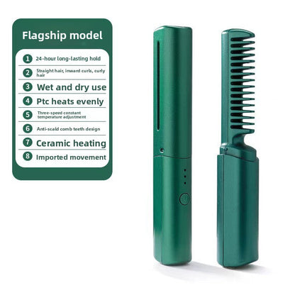 2-in-1 Cordless Hair Straightener Comb & Curler - Portable Rechargeable Electric Hot Comb for Straightening & Curling