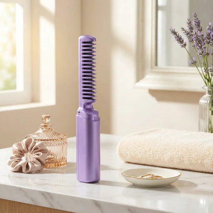 2-in-1 Cordless Hair Straightener Comb & Curler - Portable Rechargeable Electric Hot Comb for Straightening & Curling