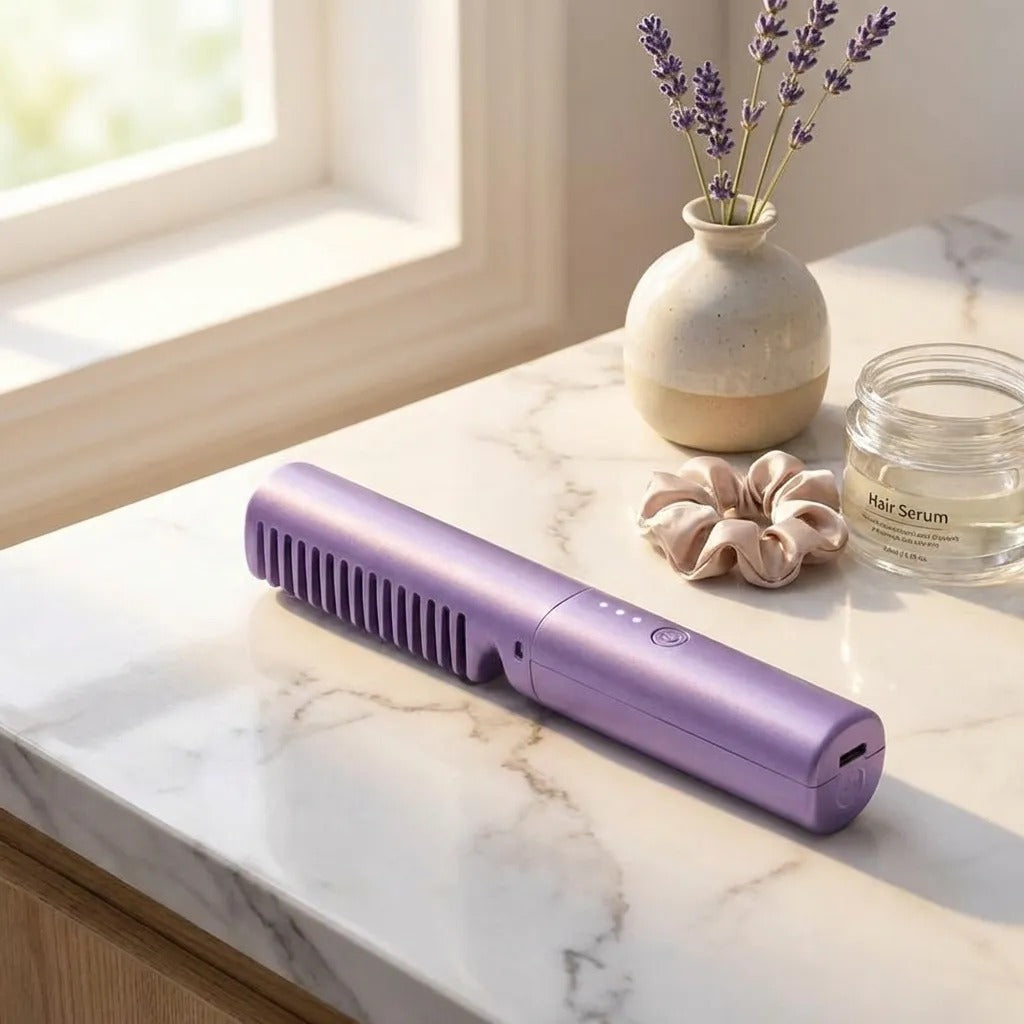 2-in-1 Cordless Hair Straightener Comb & Curler - Portable Rechargeable Electric Hot Comb for Straightening & Curling