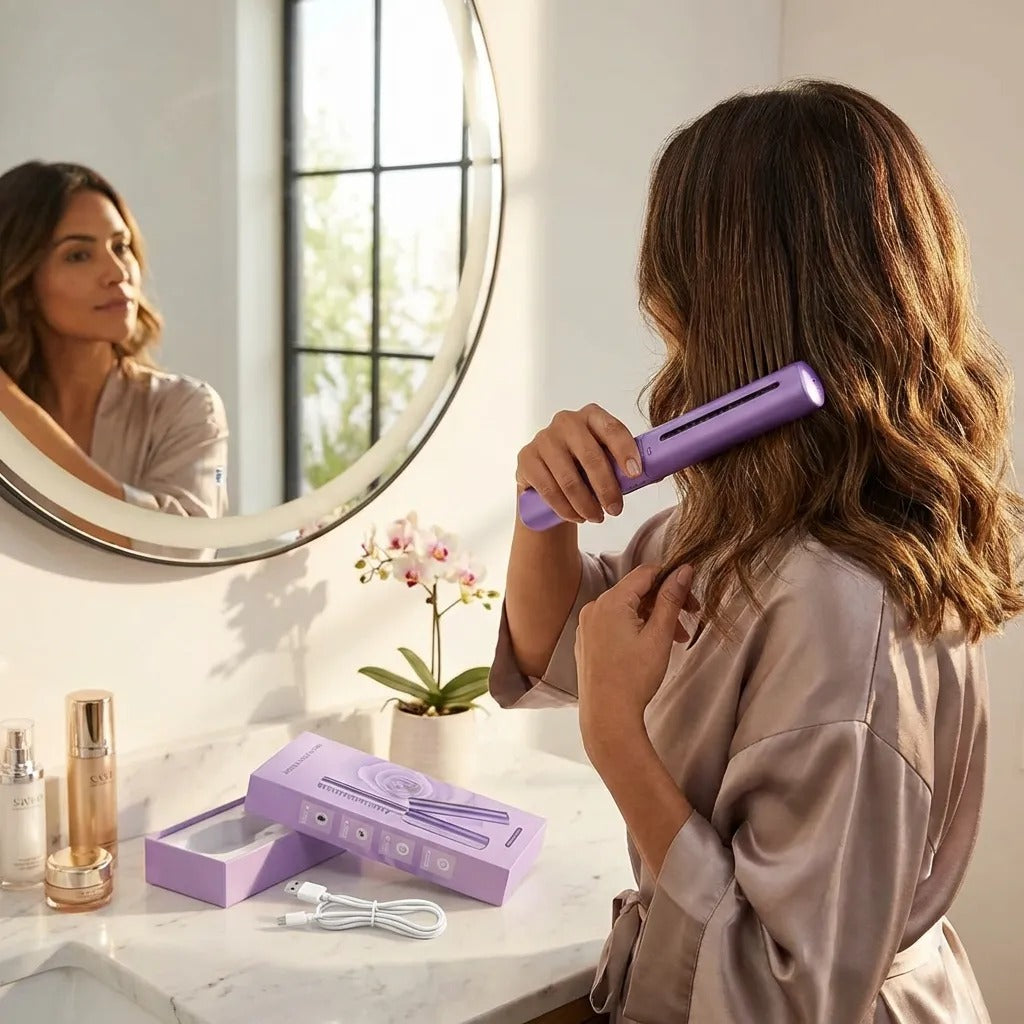 2-in-1 Cordless Hair Straightener Comb & Curler - Portable Rechargeable Electric Hot Comb for Straightening & Curling