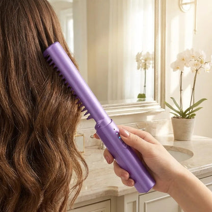 2-in-1 Cordless Hair Straightener Comb & Curler - Portable Rechargeable Electric Hot Comb for Straightening & Curling