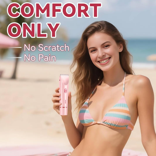Woman in a striped bikini holding a pink device on a beach with text 'Comfort Only, No Scratch, No Pain'.