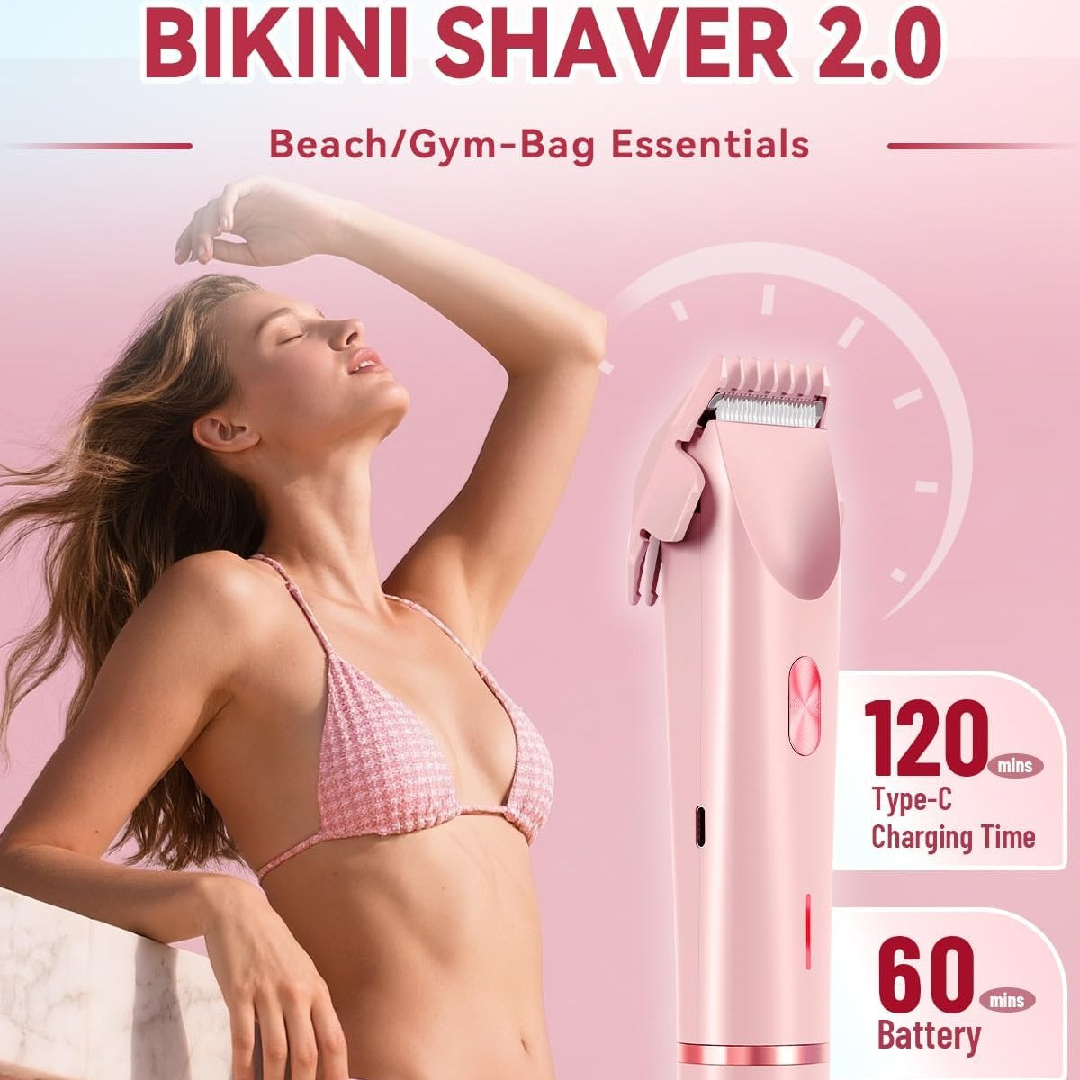 Pink bikini shaver 2.0 with a woman in a bikini against a pink background