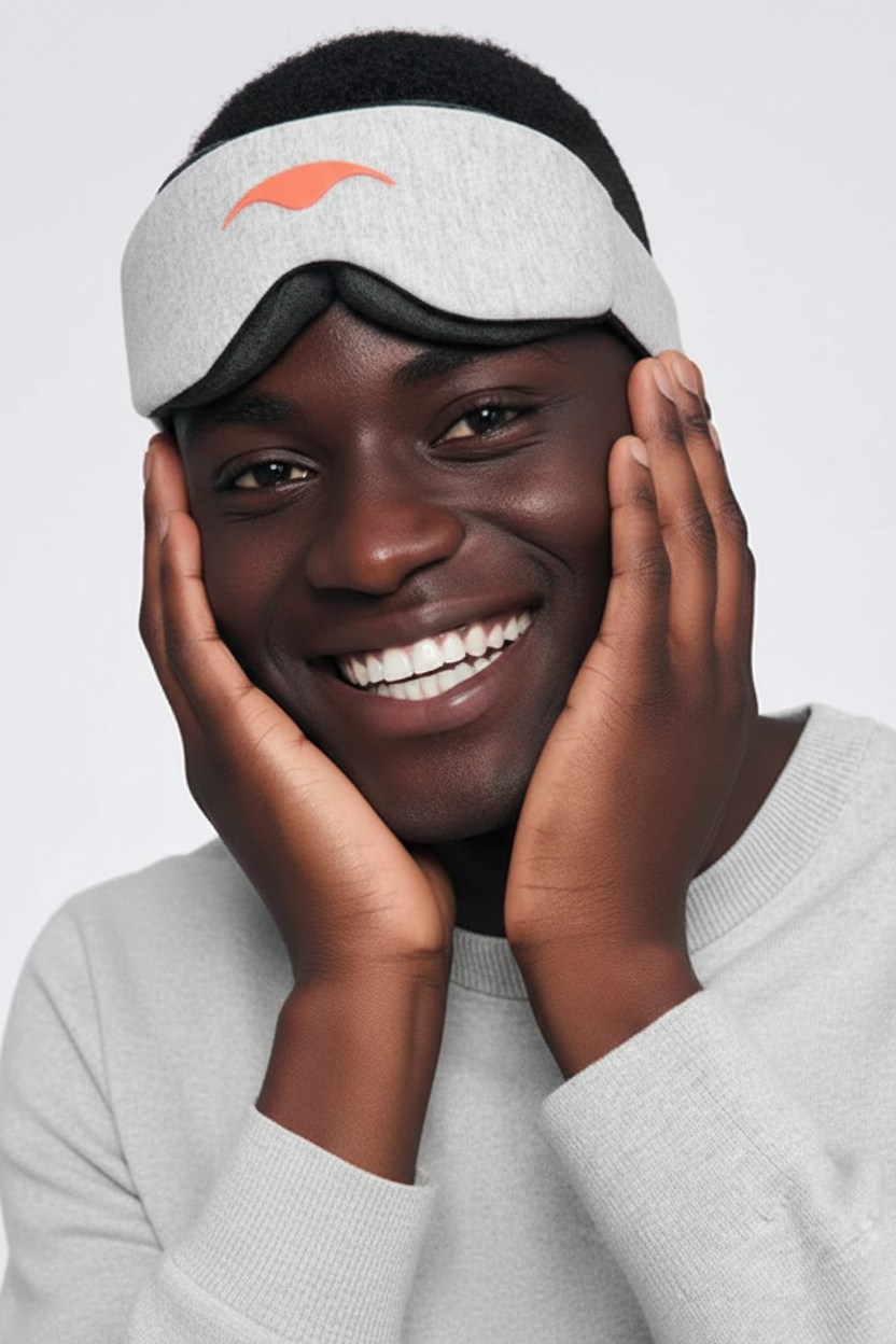 Person wearing a gray sleep mask with a red logo on a light gray background